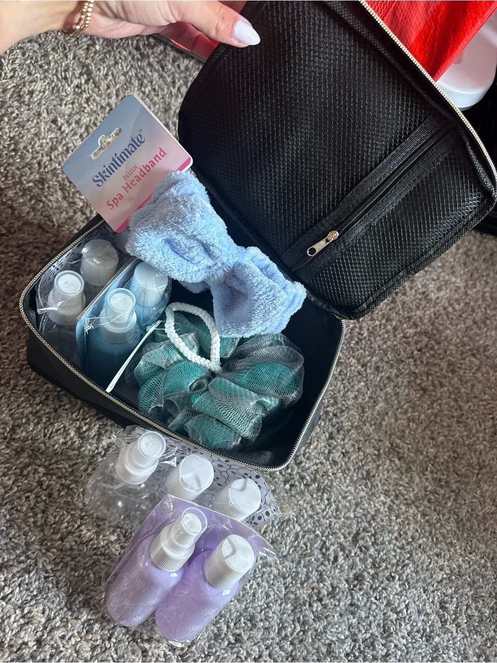 Travel Bag with TSA bottles, loofa, headband W/ BONUS - FREE set of bottles (5)